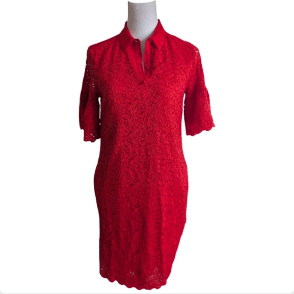 Banana Republic Red Lace Shirt Dress Size S - Bell Sleeves Collared Mini Dress - Picture 3 of 13